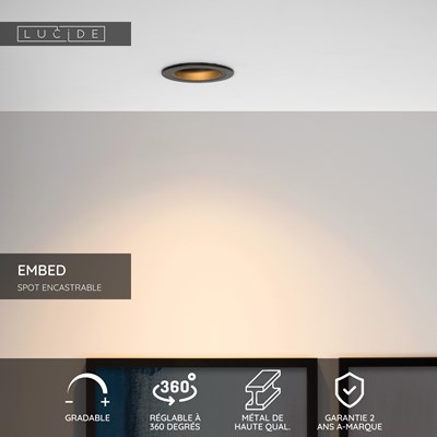 Lucide EMBED - Spot encastrable - Ø 9,1 cm - 1xGU10 - Noir